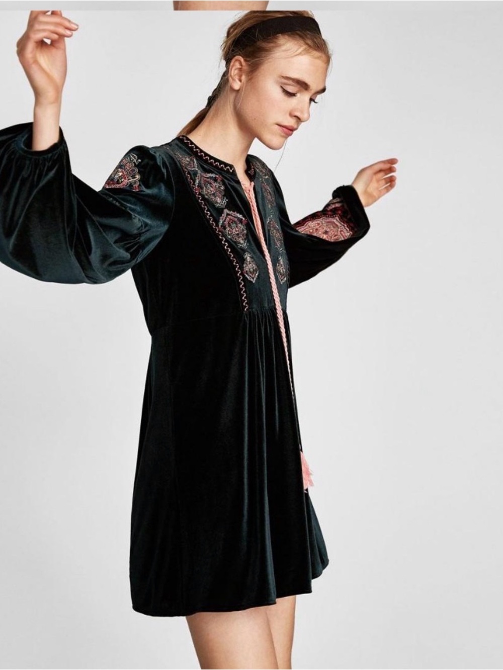 Zara green Velvet Embroidered Babydoll Dress with Pink Accents - Picture 6 of 10